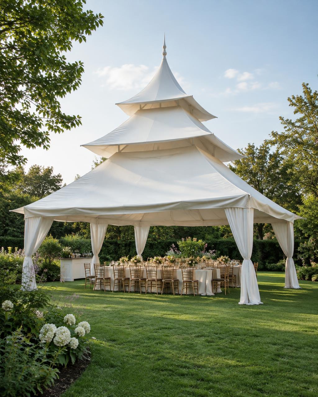 Pagoda marquee in a garden in afternoon light
