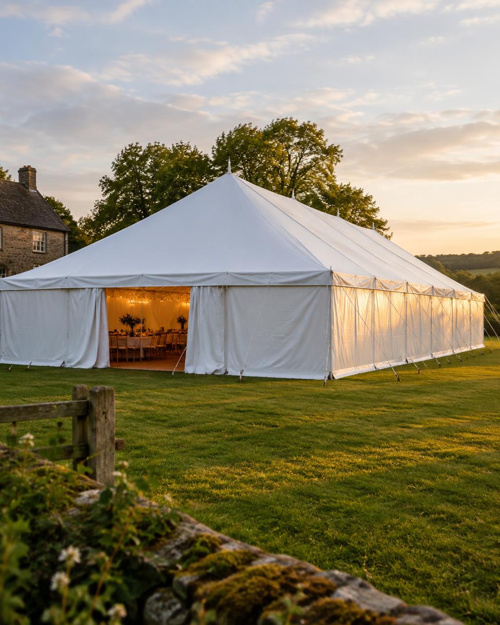 Traditional marquee with sidewalls glowing warmly