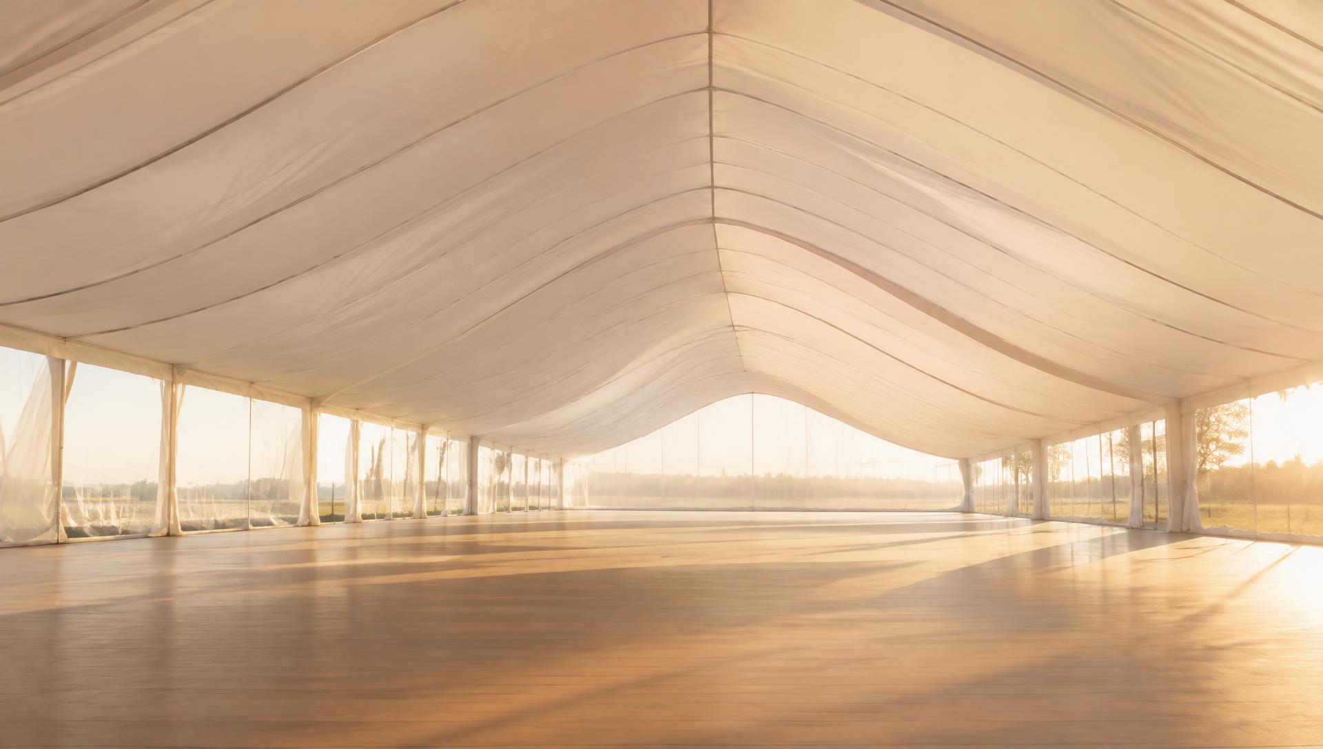 Interior of a large clearspan marquee with soft golden-hour light through the canopy